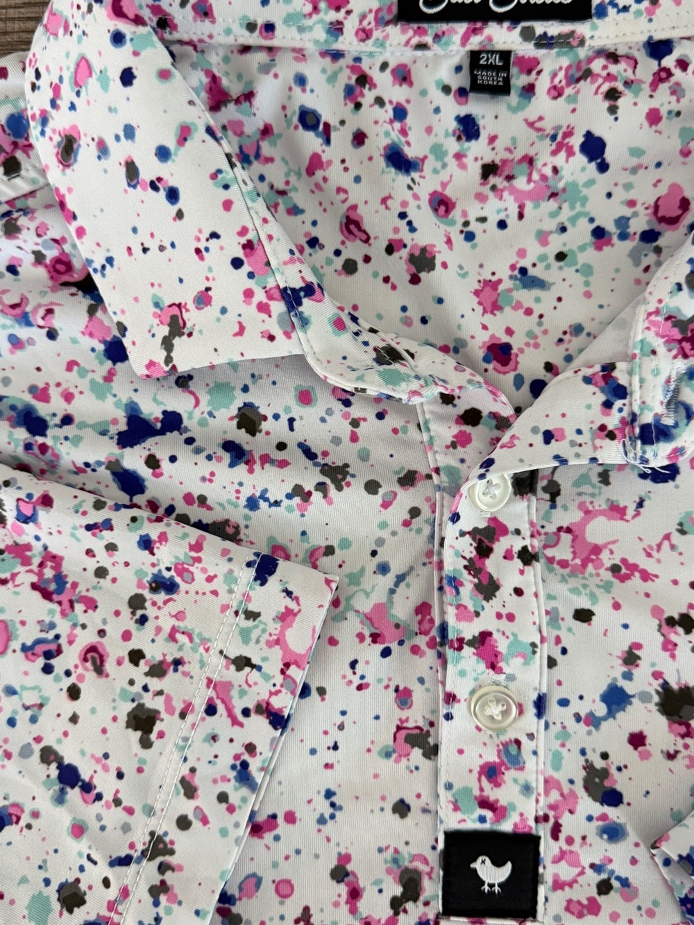 Bad Birdie Men’s “Paint Splatter” Golf Polo in Pink, Blue, Mint - XXL